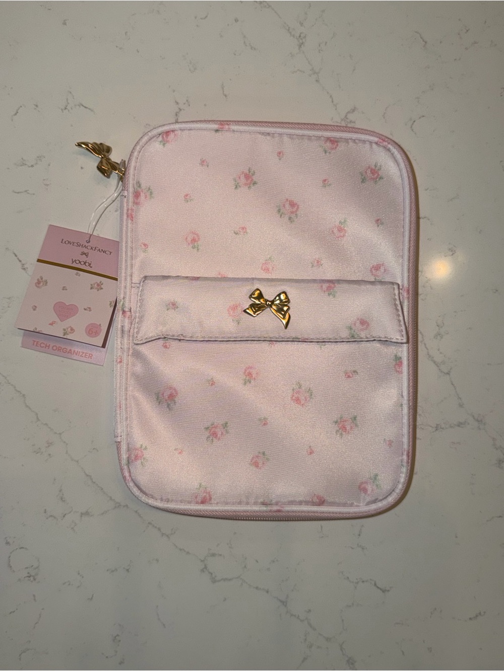 LoveShackFancy x Yoobi Pink Floral Tech Organizer with Gold Bow Accent